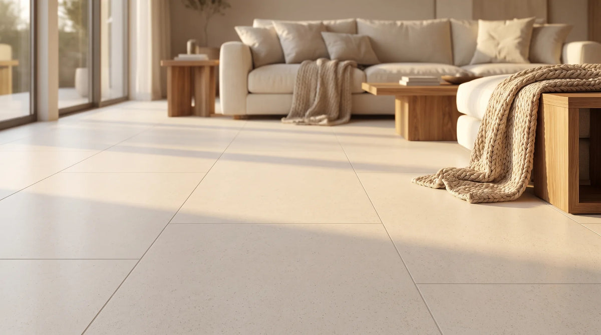 A warm golden-hour living room on a soft cream Matnificent wellness floor