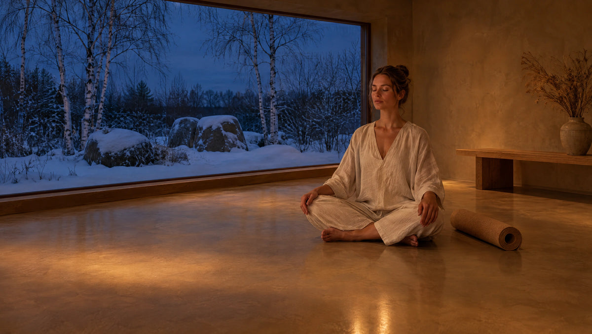 A woman meditates cross-legged on a warm floor by a large window at dusk