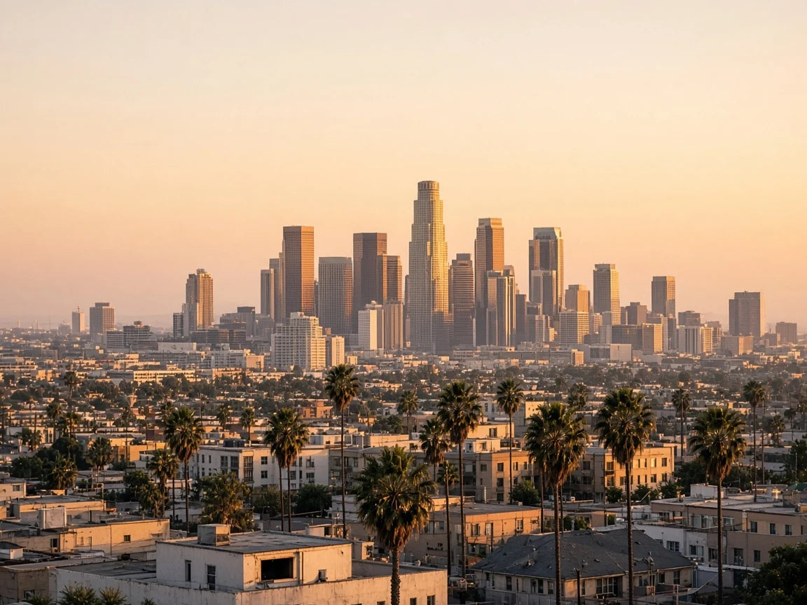 Downtown Los Angeles skyline in warm golden-hour light, with palm trees and rooftops in front