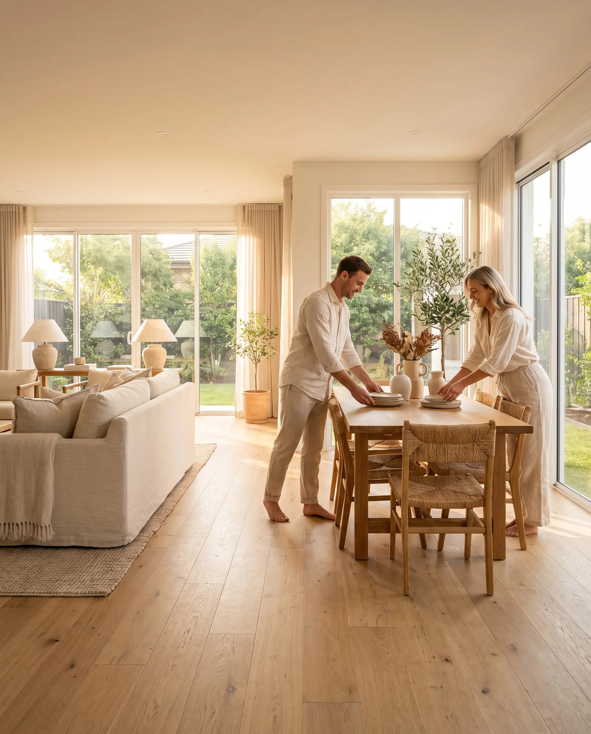 A couple sets the table in a bright open-plan living and dining room