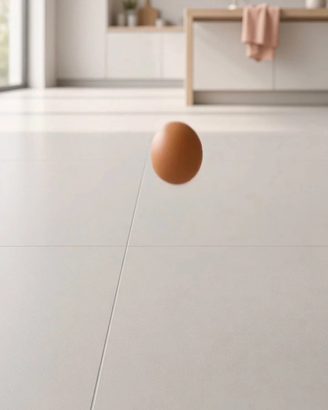 An egg drops onto a soft Matnificent floor in a bright kitchen