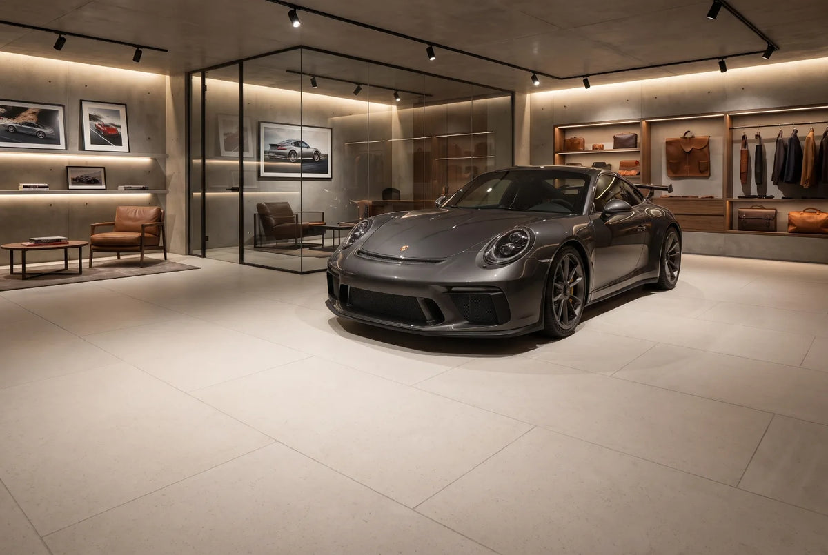 A car enthusiast kneeling on the deep black Matnificent garage floor