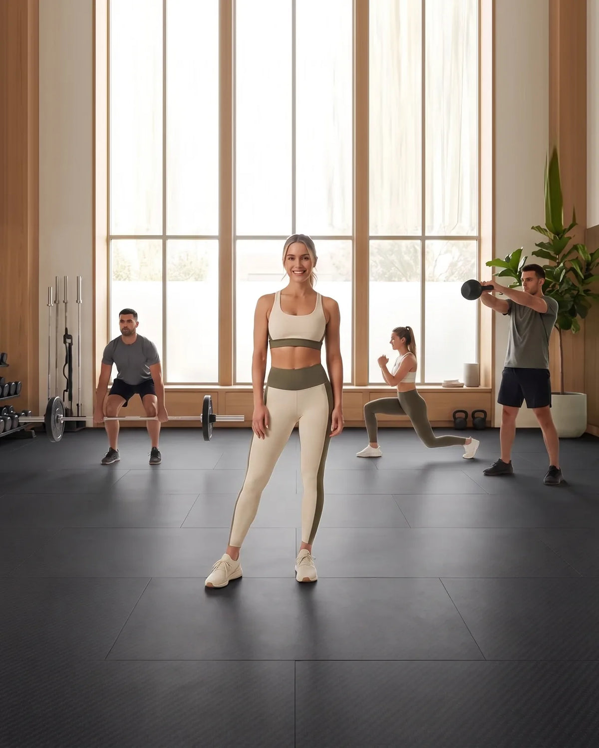 People training on a soft, dark home gym floor