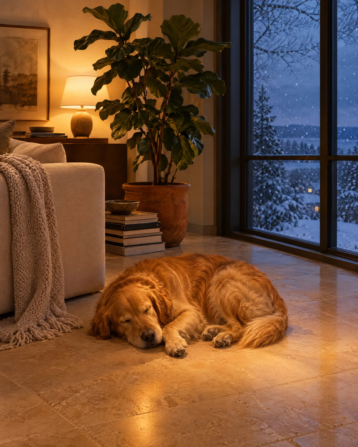 A dog curls up on a warm travertine floor on a winter evening