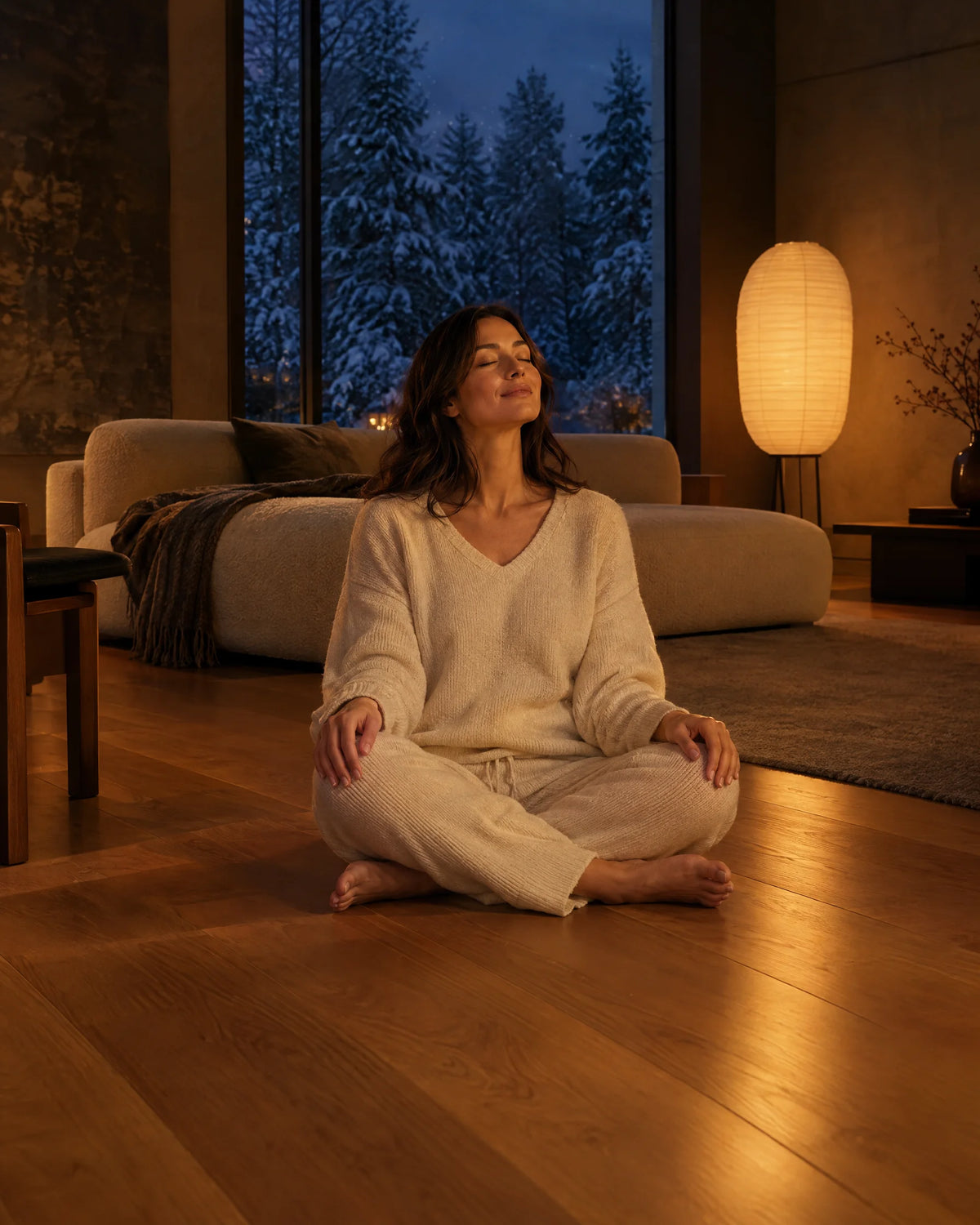 Meditation on a white-oak floor at dusk
