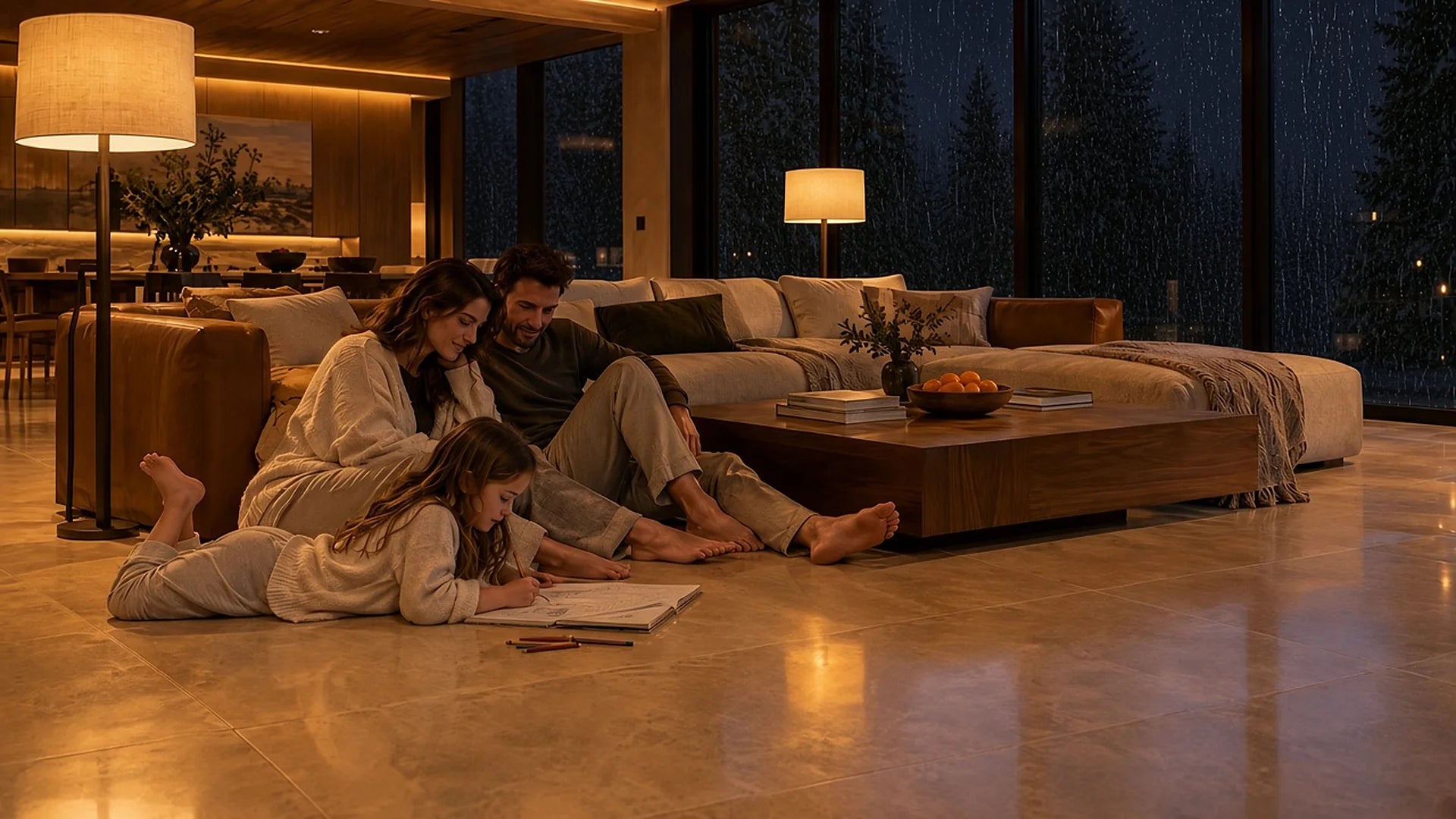 A family relaxing on a warm floor on a rainy night