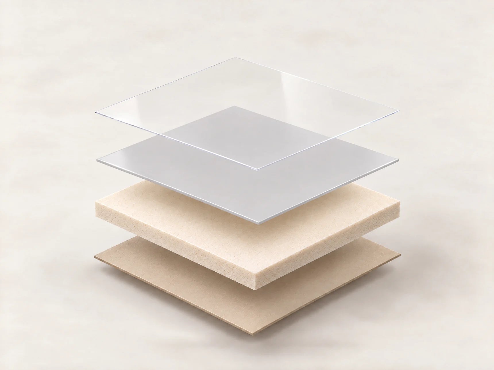 Exploded view of the mat's four layers, top to bottom: UV coating, TPU design surface, TPU foam core and base coating