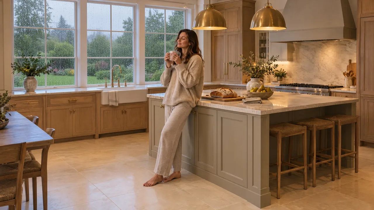 Barefoot morning coffee in a kitchen with porcelain tile floor
